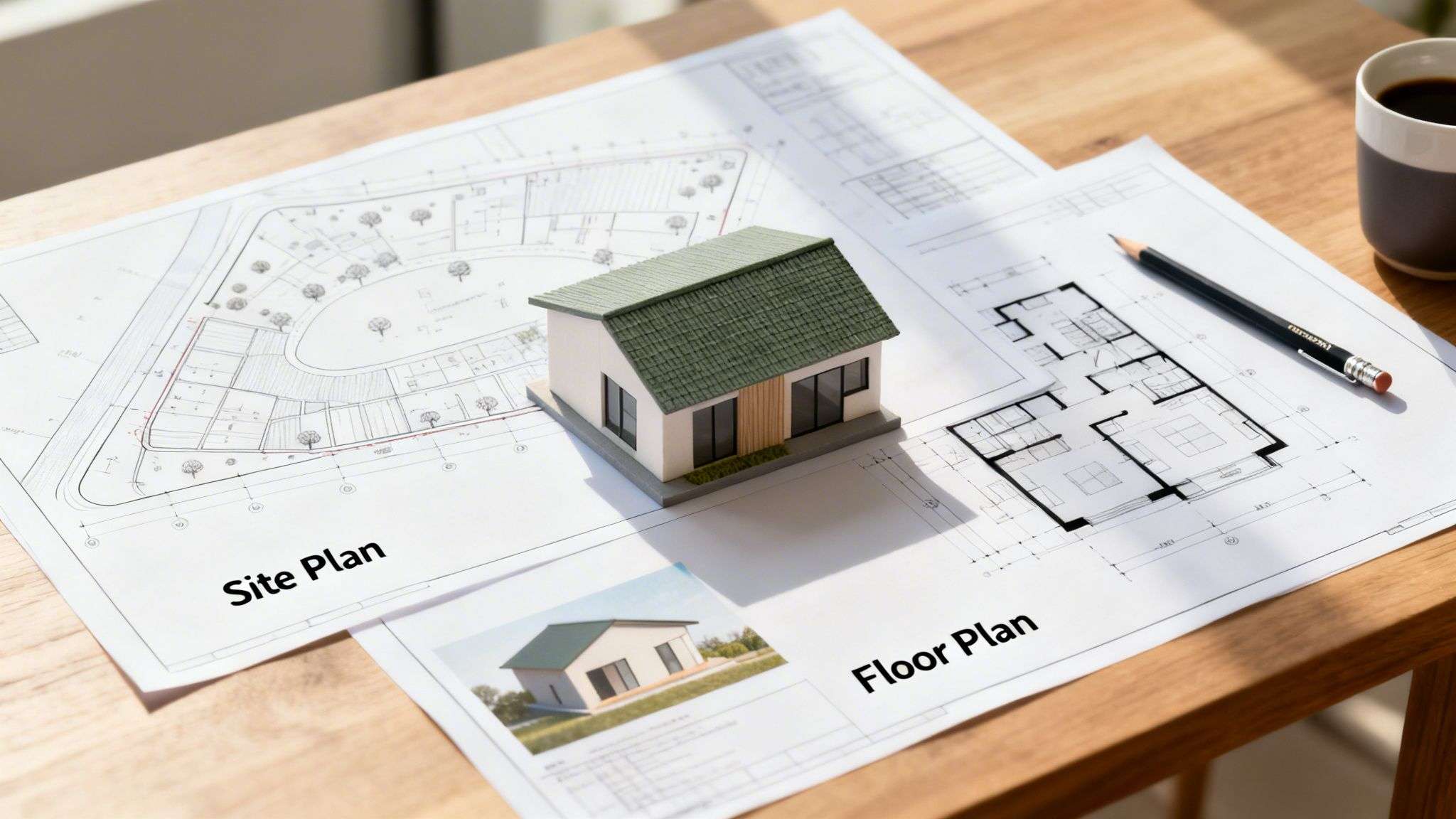 Architectural drawings including a site plan and floor plan, with a small house model, pencil, and coffee on a wooden desk.