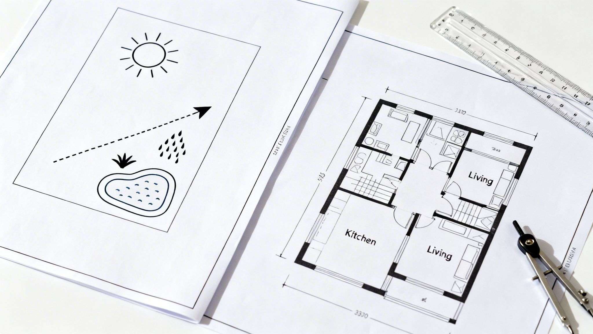 Architectural drawings and a landscape design diagram with drafting tools on a white surface.