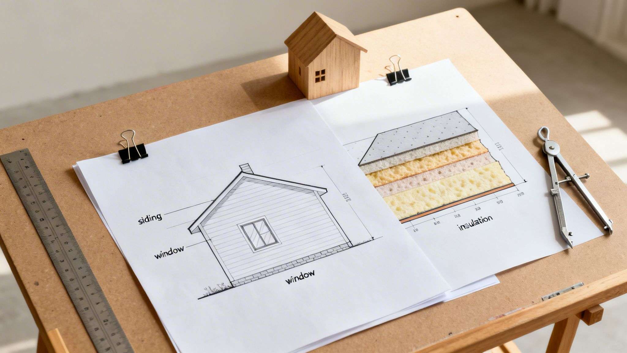 Architectural drawings with a wooden house model, ruler, and compass on a drawing board, showing insulation details.