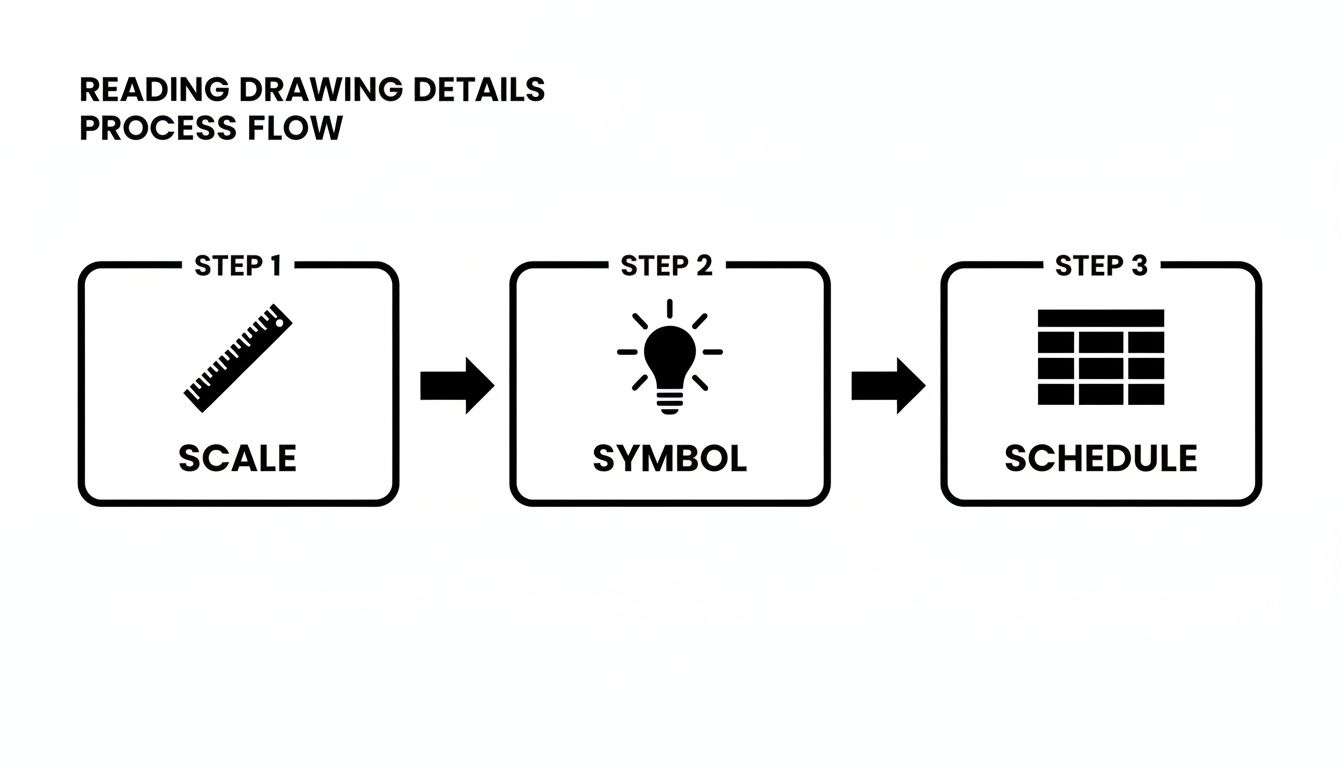 A process flow diagram illustrating three steps for reading drawing details: Scale, Symbol, and Schedule.