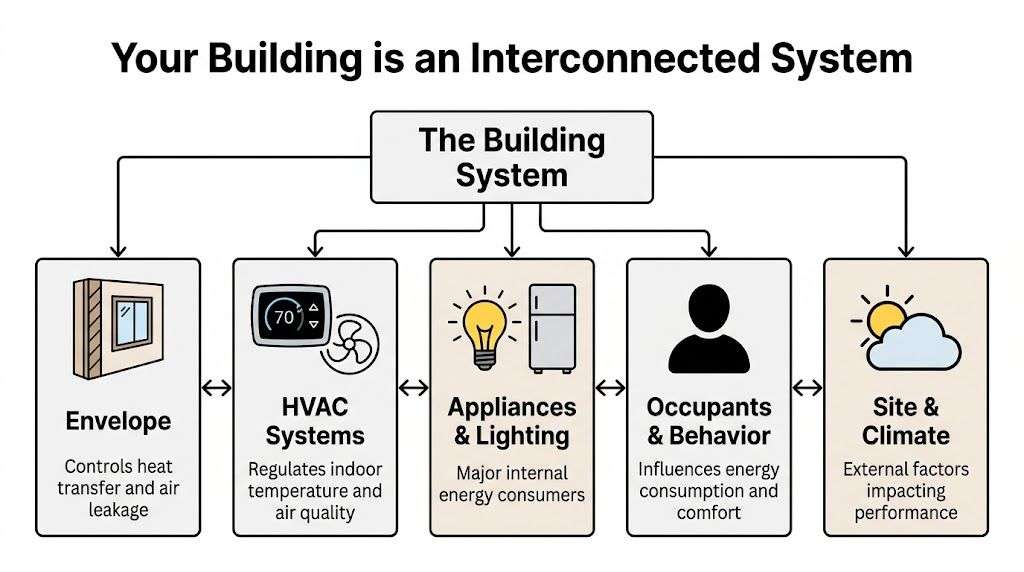 A diagram illustrating how building envelope, HVAC, appliances, occupants, and climate form an interconnected energy system.