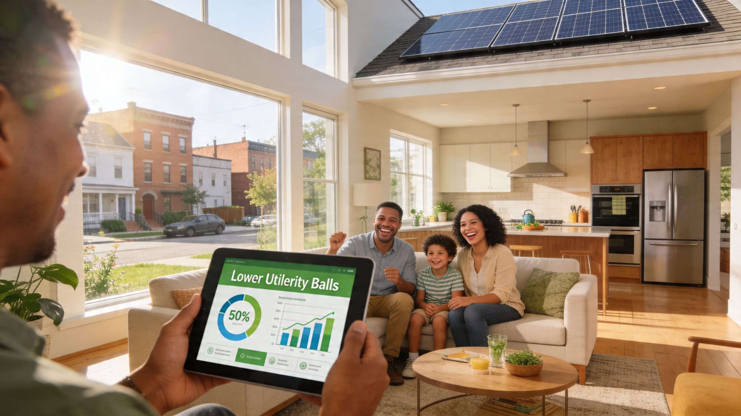 A family sits happily on a sofa while a person holds a tablet showing energy savings.