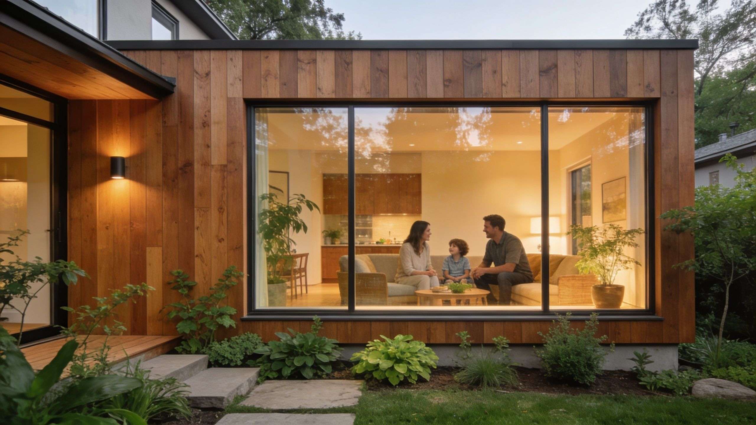 A family sits in the living room of a modern wooden home with large floor to ceiling windows.