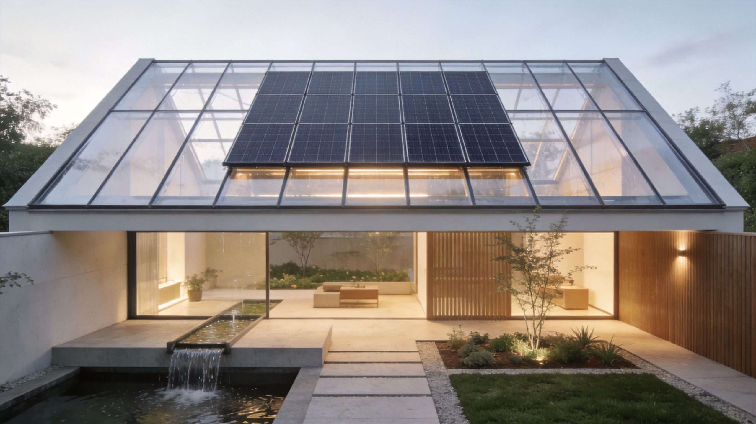 A modern glass-roofed eco-friendly house with solar panels, a water feature, and a beautiful minimalist courtyard garden.
