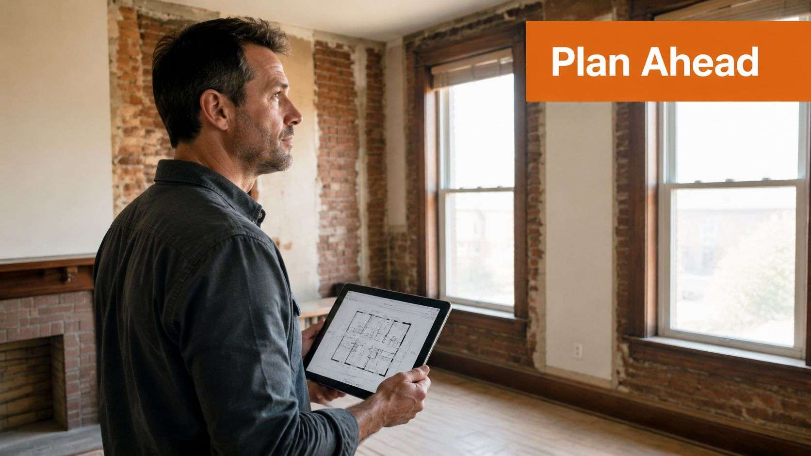 A professional architect looking at a digital floor plan on a tablet in an unfinished room.