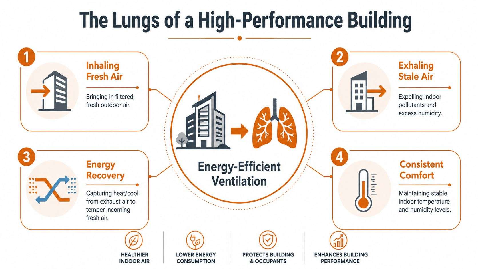 energy efficient ventilation systems ventilation infographic Energy Efficient Ventilation Systems: Upgrade Your Chicago In Chicago work, energy efficient ventilation systems stop sounding optional. They become part of the basic architecture of a healthy home. A dedicated fresh air system gives a tight house a controlled way to bring in outdoor air, remove stale air, and do it without throwing away the energy you paid to keep indoors. An infographic titled The Lungs of a High-Performance Building showing four steps for energy-efficient building ventilation.
