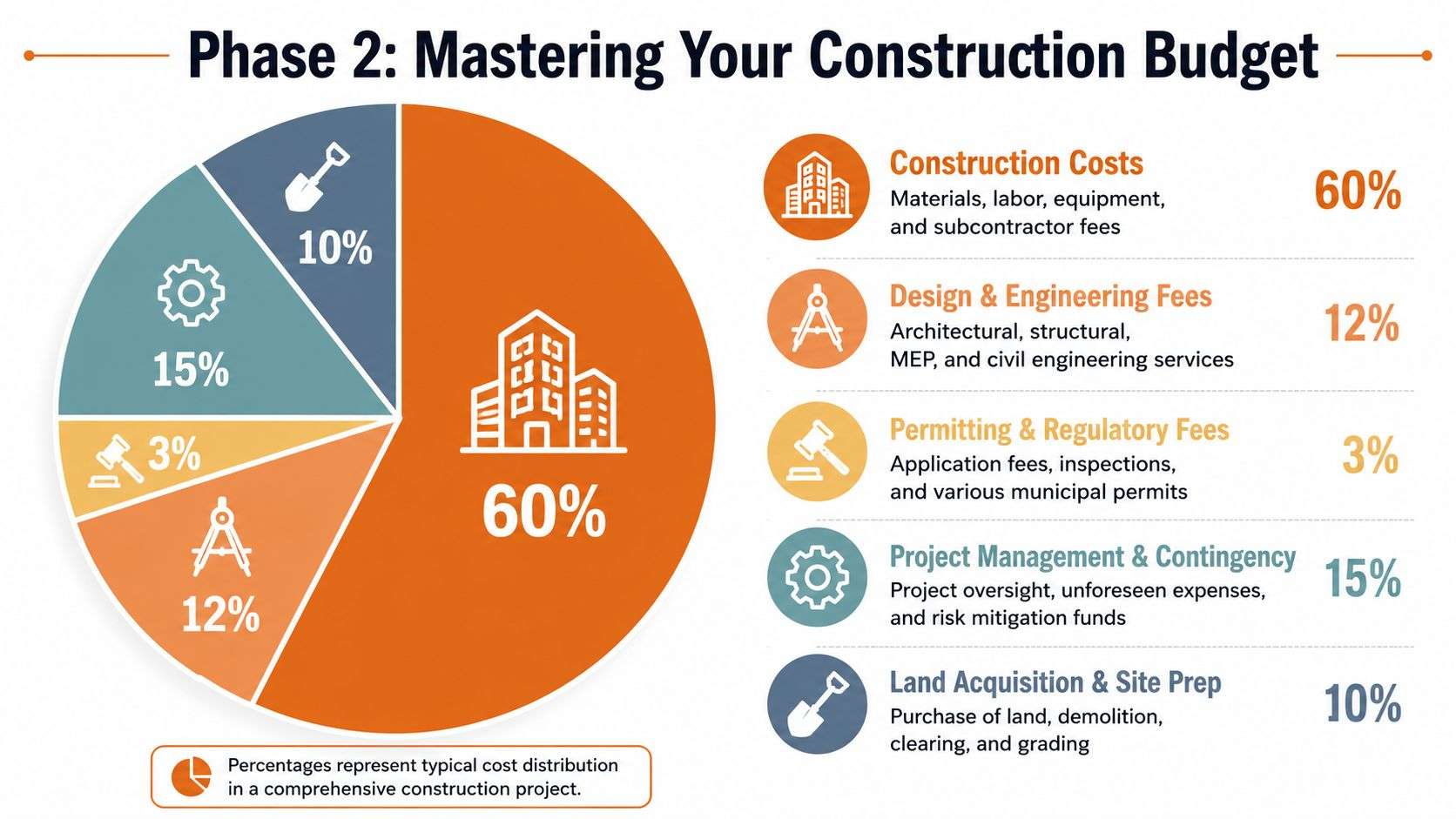 A pie chart displaying the typical percentage cost distribution for a comprehensive construction project budget breakdown.