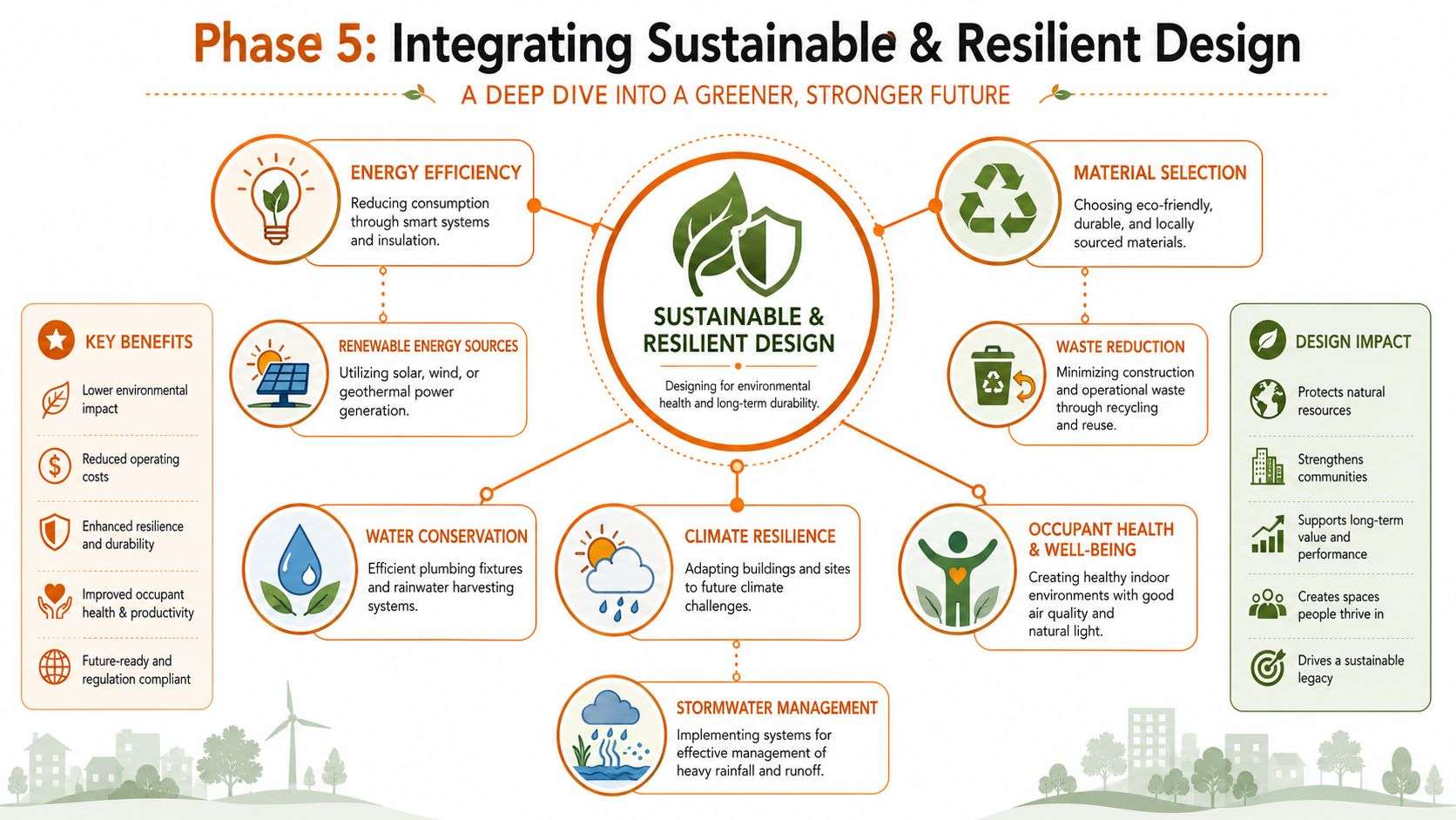 A diagram illustrating sustainable and resilient design strategies for future-oriented construction projects and environmental health.