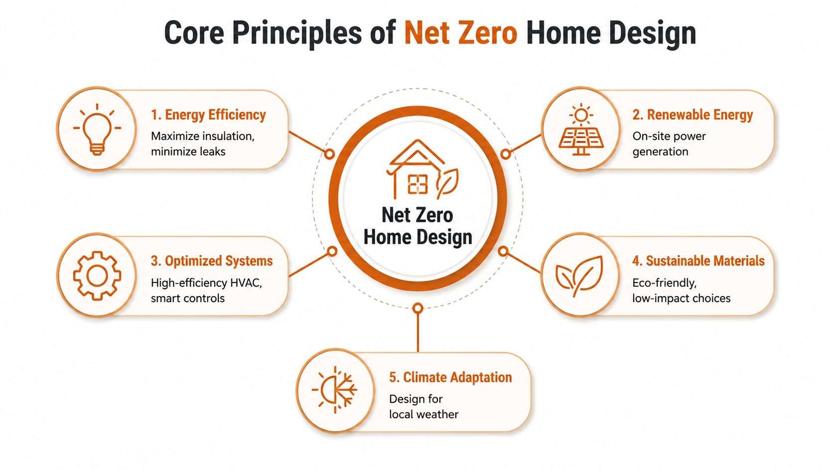 net zero home architect chicago home design Find Your Net Zero Home Architect Chicago: 2026 Guide For clients looking for a Net Zero Home Architect Chicago, the useful first question is simple: can this house maintain comfort and low energy use in this climate before renewable generation is added? If the answer is yes, the project is on the right track. A diagram outlining the five core principles of net zero home design, including energy efficiency and sustainability.